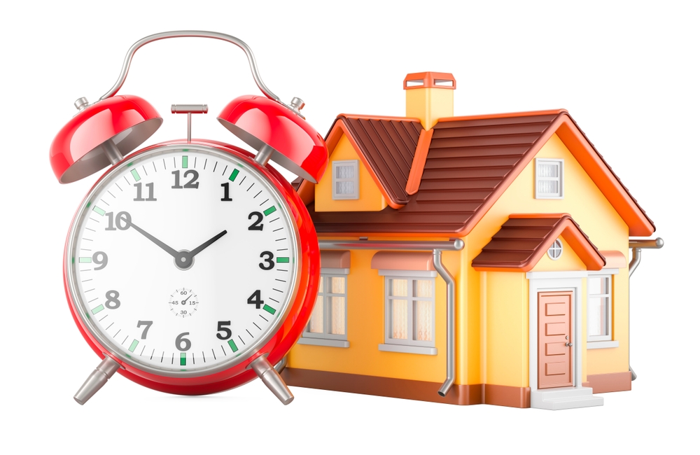 image of animated house with alarm clock next to it